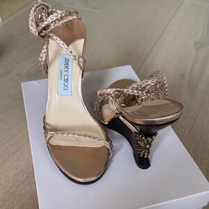Jimmy Choo Metallic Rose Gold Braided-Strap Heeled Sandals